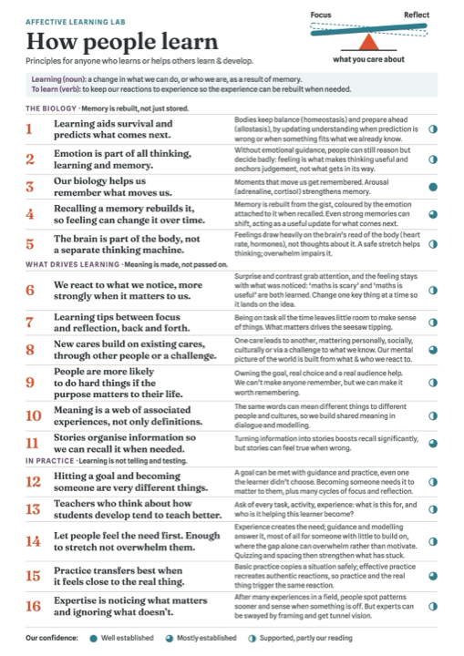 Page one of How People Learn: the 16 principles laid out in three sections, each with a short explanation and a confidence rating.